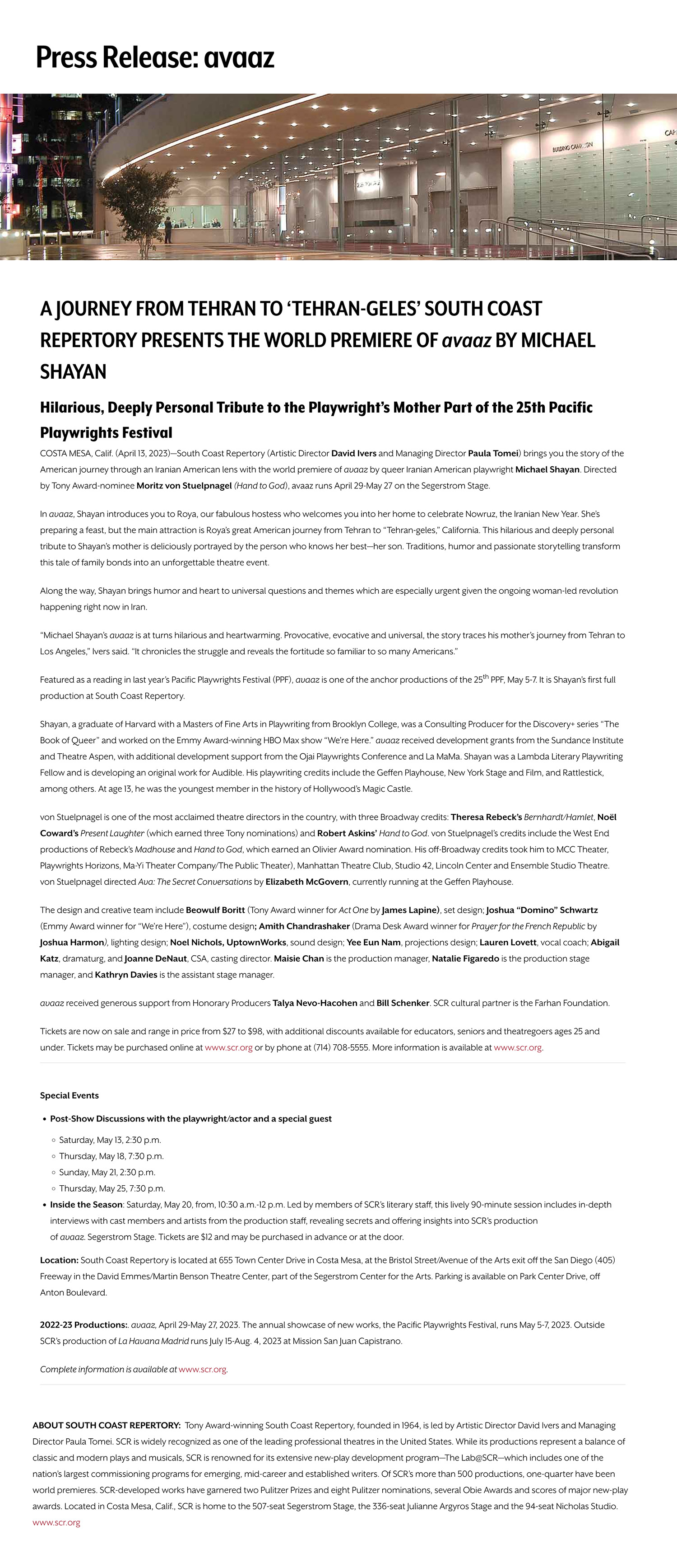 South Coast Repertory Press Release for Avaaz